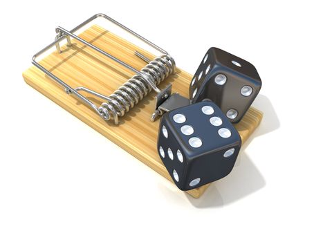 Two black game dices, like bait, in wooden mousetrap. 3D rendering illustration, isolated on white background.