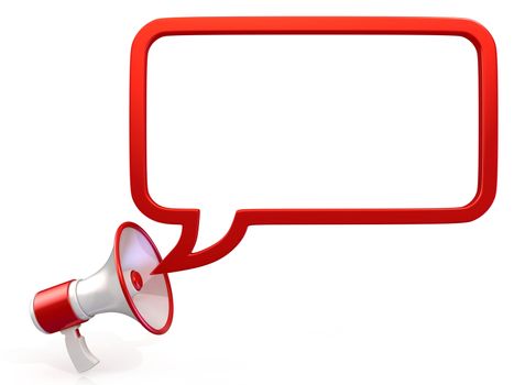 New red megaphone with bubble speech. 3D render illustration, isolated on white background.