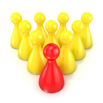 Leadership concept. One red board game piece in front of group of yellow. 3D render illustration isolated on white background