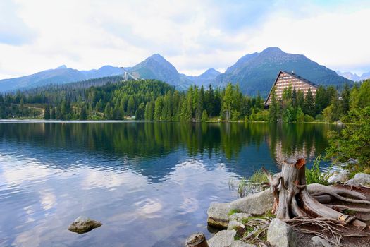 Wide angle landscape shot of Strbske Pleso lake in High Tatras mountains.