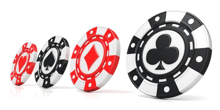 Casino chips with spade, heart diamond and club on it. 3D render illustration isolated on white background