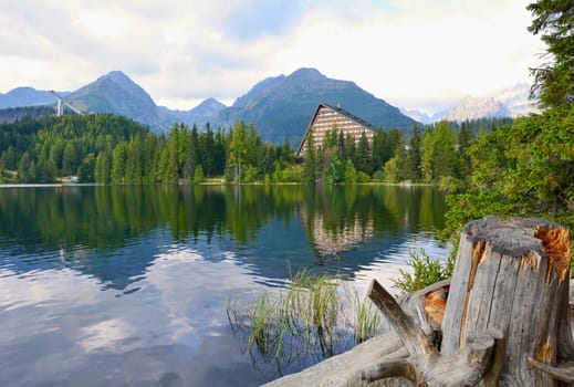 Wide angle landscape shot of Strbske Pleso lake in High Tatras mountains.