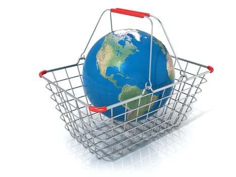 Globe in steel wire shopping basket isolated on a white background. Elements of this image furnished by NASA