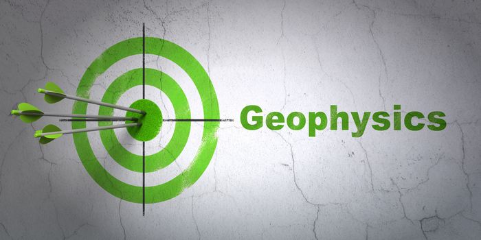 Success Science concept: arrows hitting the center of target, Green Geophysics on wall background, 3D rendering