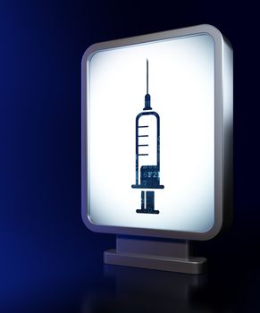 Medicine concept: Syringe on advertising billboard background, 3D rendering