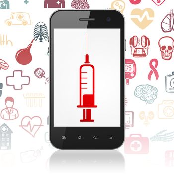 Health concept: Smartphone with  red Syringe icon on display,  Hand Drawn Medicine Icons background, 3D rendering