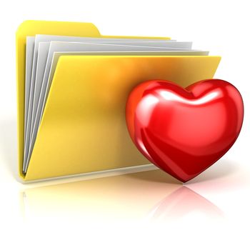 Favorites, heart folder icon. 3D render illustration, isolated on white background