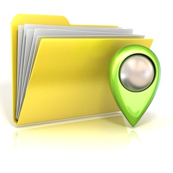 Map pointer and folder icon. 3D render illustration, isolated on white background