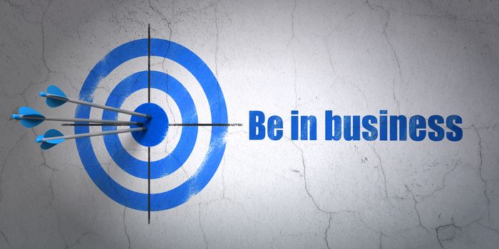 Success business concept: arrows hitting the center of target, Blue Be in business on wall background, 3D rendering