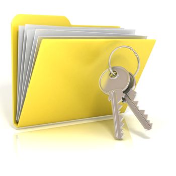 Keys and folder icon. 3D render illustration, isolated on white background