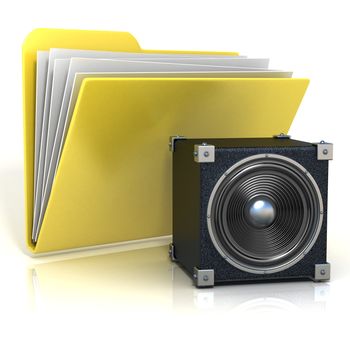 Folder icon with speaker. 3D render illustration, isolated on white background