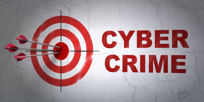 Success privacy concept: arrows hitting the center of target, Red Cyber Crime on wall background, 3D rendering