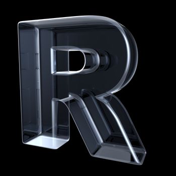 Transparent x-ray letter R. 3D render illustration on black background