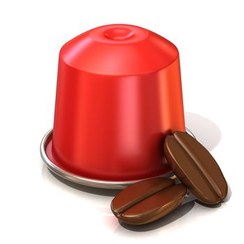 Red coffee capsule with two coffee beans. 3D render, isolated on white background. Front view