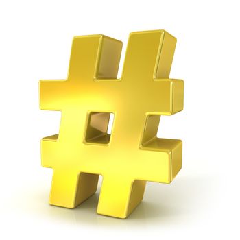 Hashtag, number mark 3D golden sign isolated on white background