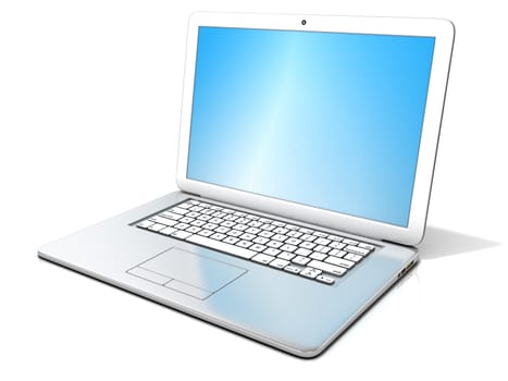3D rendering of a open silver laptop with blue screen, isolated on white background