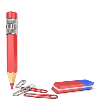 Pencil, eraser and paper clip. 3D render illustration isolated on white background