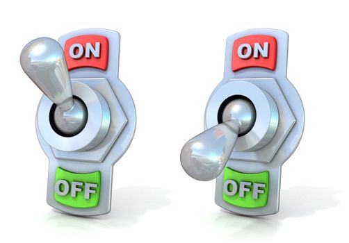 On and off metal toggle switches. 3D render illustration isolated on white background.