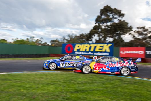 MELBOURNE/AUSTRALIA - SEPTEMBER 17, 2016: Supercars in qualifying race 2 for the Sandown 500 'Retro' Endurance race at Sandown raceway.