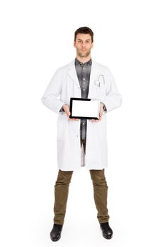 Doctor holding blank digital tablet with copy space and clipping path for the screen