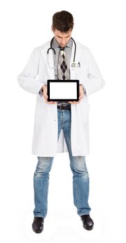 Doctor holding blank digital tablet with copy space and clipping path for the screen