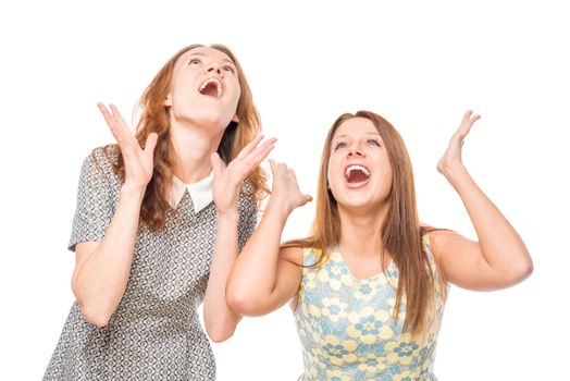 funny and emotional girl on a white background