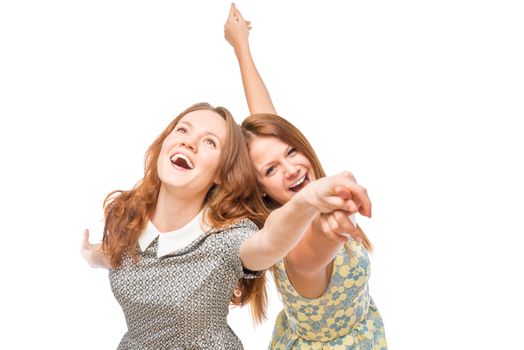 cheerful girl in a dress on a white background isolated