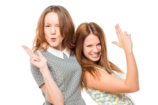 best friends having fun, portrait on a white background