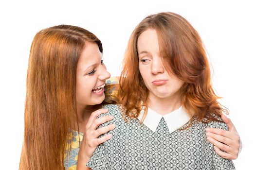 woman encourages her best friend in grief on a white background