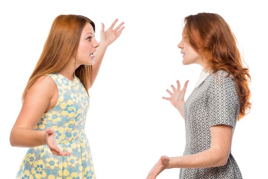 Two best friends are quarreling and shouting at a white background