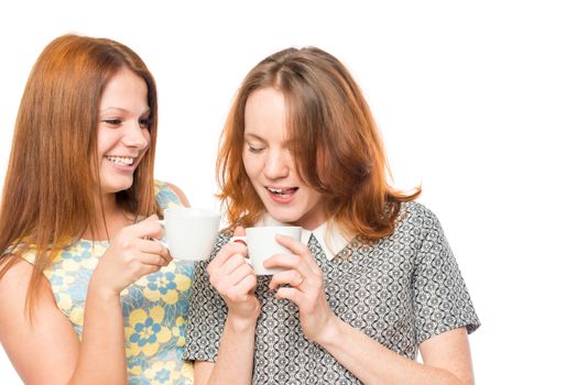girlfriends enjoying a delicious tea, portrait on a white background