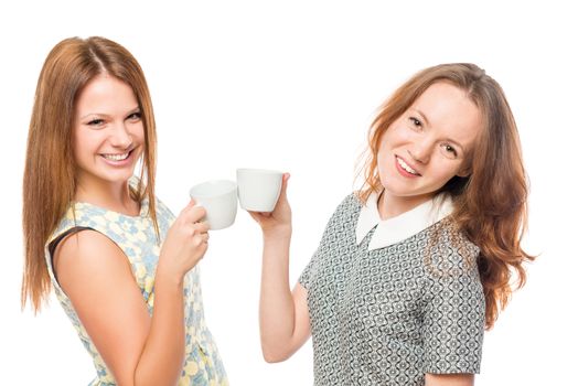 cheerful active girl with coffee smiling on a white background