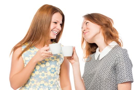 best friends meet for a cup of tea, a portrait on a white background isolated