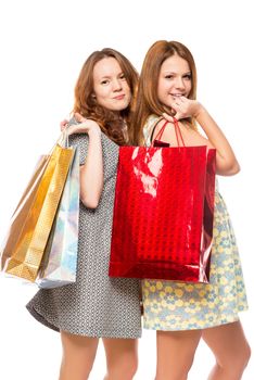 charming girl with gift bags on white background