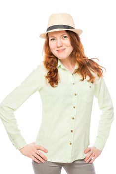 pretty girl with red hair wearing a hat on a white background