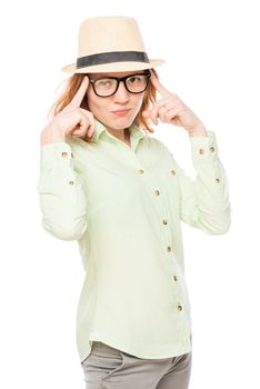 stylish girl corrects glasses on a white background