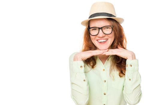 portrait of a girl with glasses on a white background, space on the left