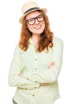 Successful happy woman posing on a white background