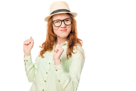 girl with red hair is successful in everything portrait on a white background