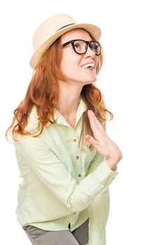 Active girl wearing a straw hat and glasses on a white background