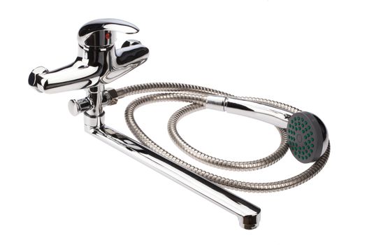 Metal chromium-plated water mixer on an isolated background
