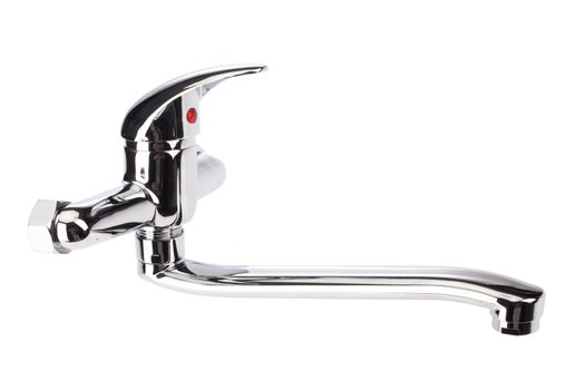 Metal chromium-plated water mixer on an isolated background