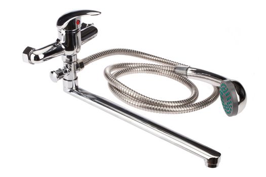Metal chromium-plated water mixer on an isolated background