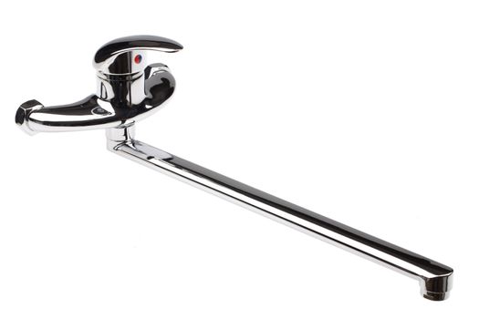 Metal chromium-plated water mixer on an isolated background