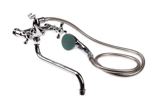Metal chromium-plated water mixer on an isolated background