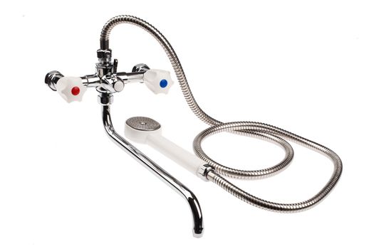 Metal chromium-plated water mixer on an isolated background