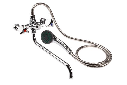 Metal chromium-plated water mixer on an isolated background
