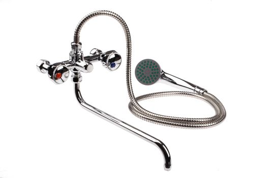 Metal chromium-plated water mixer on an isolated background