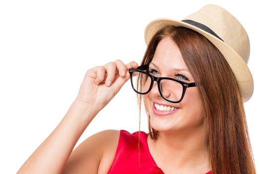 girl with a beautiful smile wearing glasses and a hat on a white background