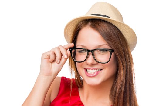 horizontal portrait of 20-year-old girl on a white background